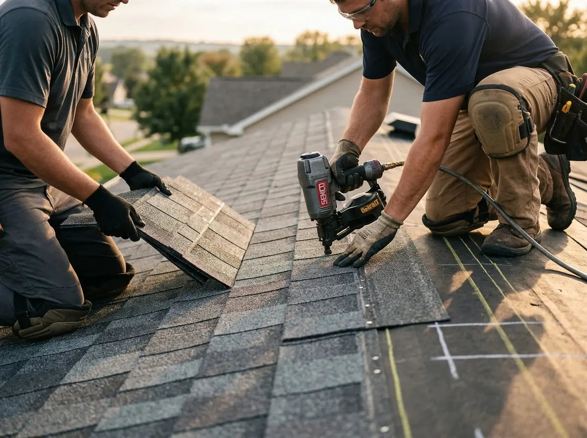 Professional roofer working on a residential roof in Woodlake